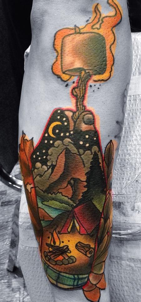 Gary Dunn - traditional color camp site with roasted marshmallow tattoo. Gary Dunn Art Junkies Tattoo, Hesperia CA 